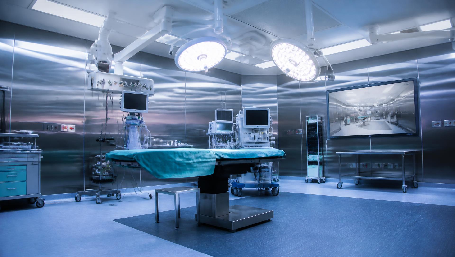 Modern modular operation theatre with advanced surgical lighting and medical equipment